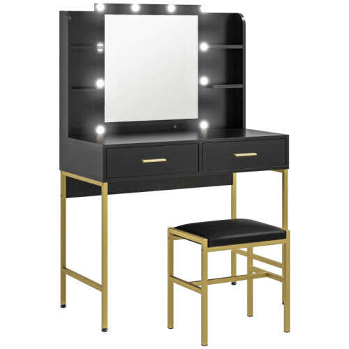 Dressing Table Set, with Storage and Stool - Black