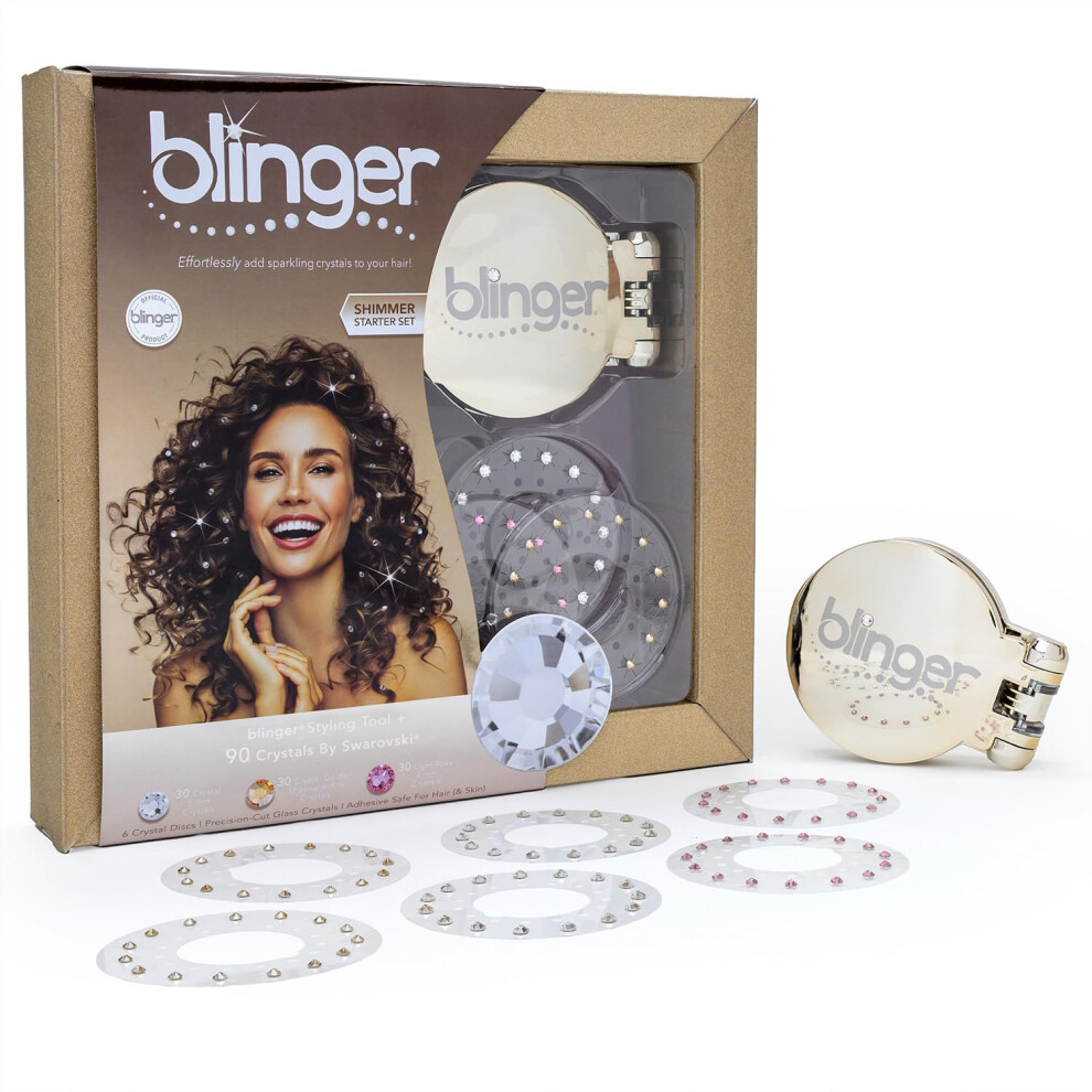 Blinger Unisex Gold Shimmer Starter Kit With -Plated Gem Stamper & 90 Precision-Cut Glass Crystals | Diy Bedazzler Kit For Hair & Skin