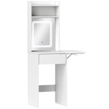Compact Vanity Desk with LED Mirror, Drop-Leaf Table with Drawer & Shelves