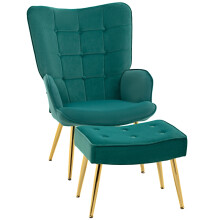 Dark Green Velvet Wingback Armchair with Ottoman, steel legs, ideal for living room, bedroom and study.