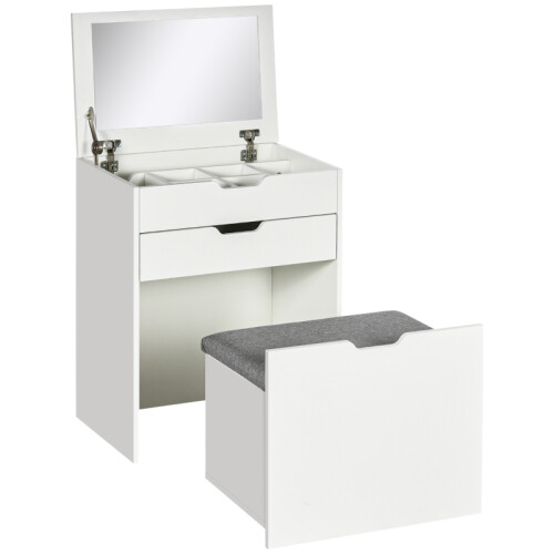 White Dressing Table with Flip-Up Mirror, Storage Stool + Drawer & Hidden Compartments for Home