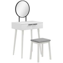 White Dressing Table Set with Mirror & Stool, 2 Drawers + Makeup Organiser for Bedroom