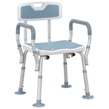 Light Blue EVA Padded Shower Chair, height-adjustable with backrest, armrests and 4 suction foot pads.