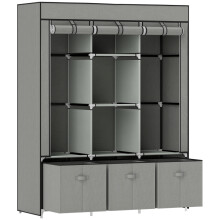 Light Grey Foldable Fabric Wardrobe, 12543162.5cm Portable Closet with 5 Shelves, 2 Hanging Rails & 3 Drawers