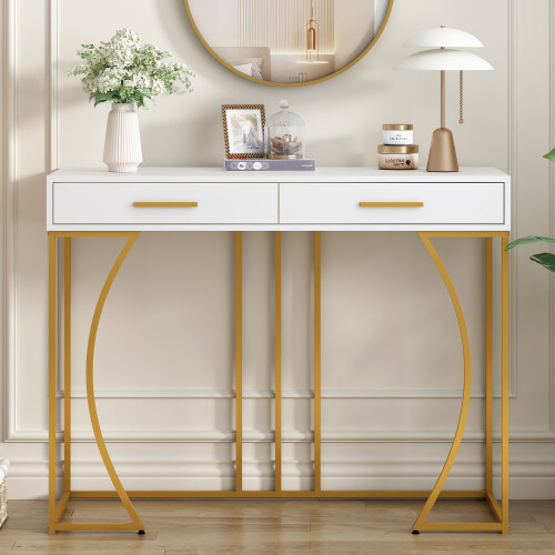 Console table, hallway table with 2 drawers, light luxury style side table, sofa table, 110x32x85 cm, white/gold