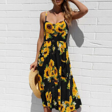 (Black, L) Women's Sexy Casual Spaghetti Strap Floral Button Swing Midi Dress with Pockets