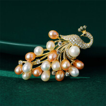 Golden Peacock Orange warm color pearl Brooches Pins Freshwater Pearls micro pave Elegant gift Lapel Pi