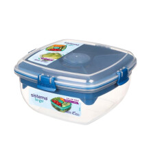 Sistema Salad Max TO GO 1.63L - Clear Container with Blue Divided Tray & Clip, Dressing Pot, Cutlery Set, Leak-Proof, BPA-Free