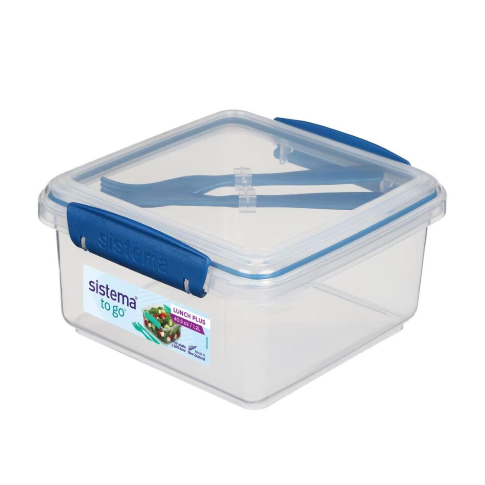 Sistema Lunch Plus To Go 1.2L With Cutlery - Clear Container With Cutlery, Leak-Proof Seal, Bpa-Free Blue