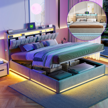 Doppelbett 160 x 200 cm, mit Stauraum im Kopfteil, LED & USB, Samt, Grau