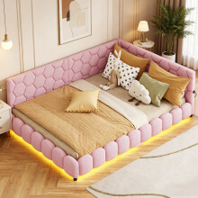Doppelbett 140 x 200 cm, Designer-Schlafsofa, 16-farbige LED, USB, Lattenrost, Lammwolle, Rosa
