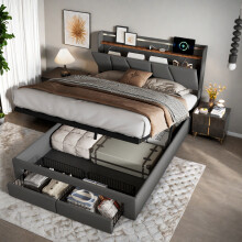 Doppelbett 140x190 mit LED & USB, gepolstertes Bett mit 2 Schubladen und Kopfteil, Leinen, Dunkelgrau