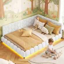 Doppelbett 140 x 200 cm, Designer-Schlafsofa, 16-farbige LED, USB, Lattenrost, Lammwolle, weiß