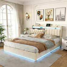 Bett 140x200 cm mit Stauraum, LED & USB, gepolstertes Bett für Erwachsene und Jugendliche, Samt, Beige