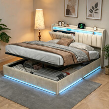 Bett 160x200 cm mit Stauraum, LED & USB, gepolstertes Bett für Erwachsene und Jugendliche, Samt, Beige