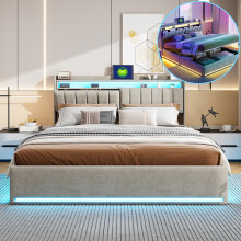 Doppelbett 140 x 200 cm, mit Stauraum im Kopfteil, LED & USB, Samt, Grau