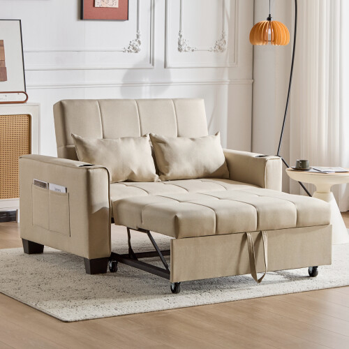 Foldable 2 Seater Sofa Bed, Pull Out Sleeper Sofa for Small Space Beige