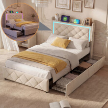 Gepolstertes Bett 90x200 cm, Einzelbett mit Schubladen, LED & USB, Geeignet für Kinder und Jugendliche, Beigefarbener Samt