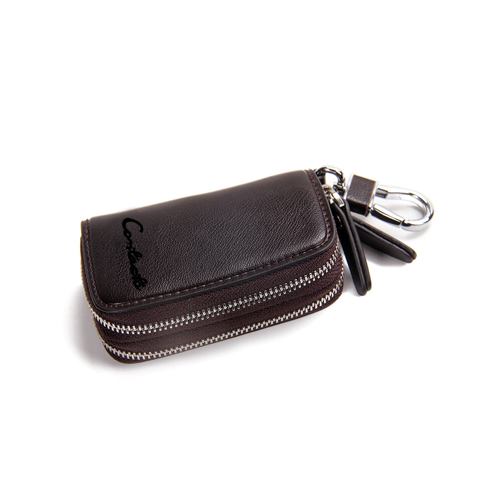 (Coffee) Retro Casual Cowhide Leather Double Zipper Car Key Case Holder Wallet Key Bag 110691727299
