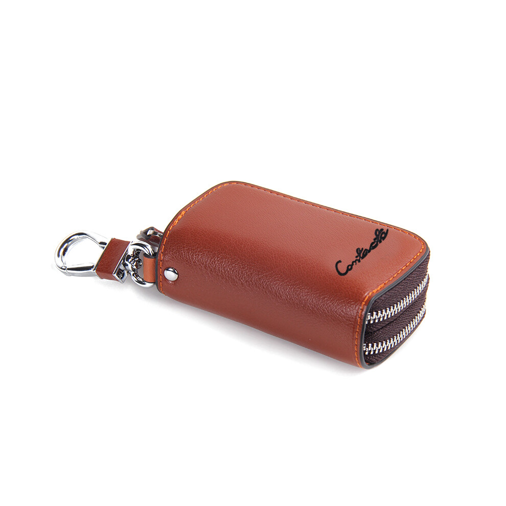 (Brown) Retro Casual Cowhide Leather Double Zipper Car Key Case Holder Wallet Key Bag Brown 110691727282