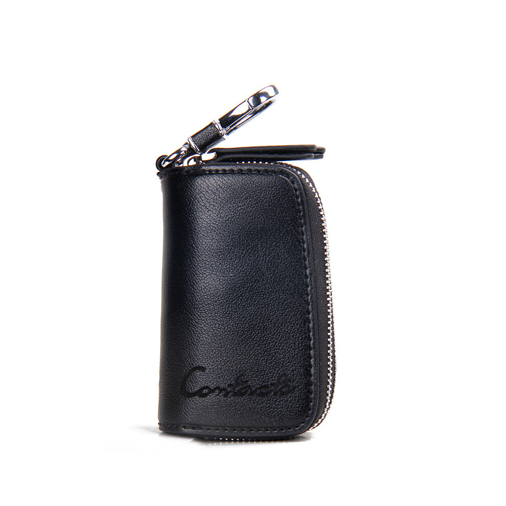 (Black) Retro Casual Cowhide Leather Double Zipper Car Key Case Holder Wallet Key Bag Black 110691727275