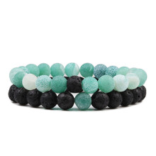 (Green weathered/volcanic) Natural Tiger Stone Charm Beaded Bracelets for Couples - Set of 2
