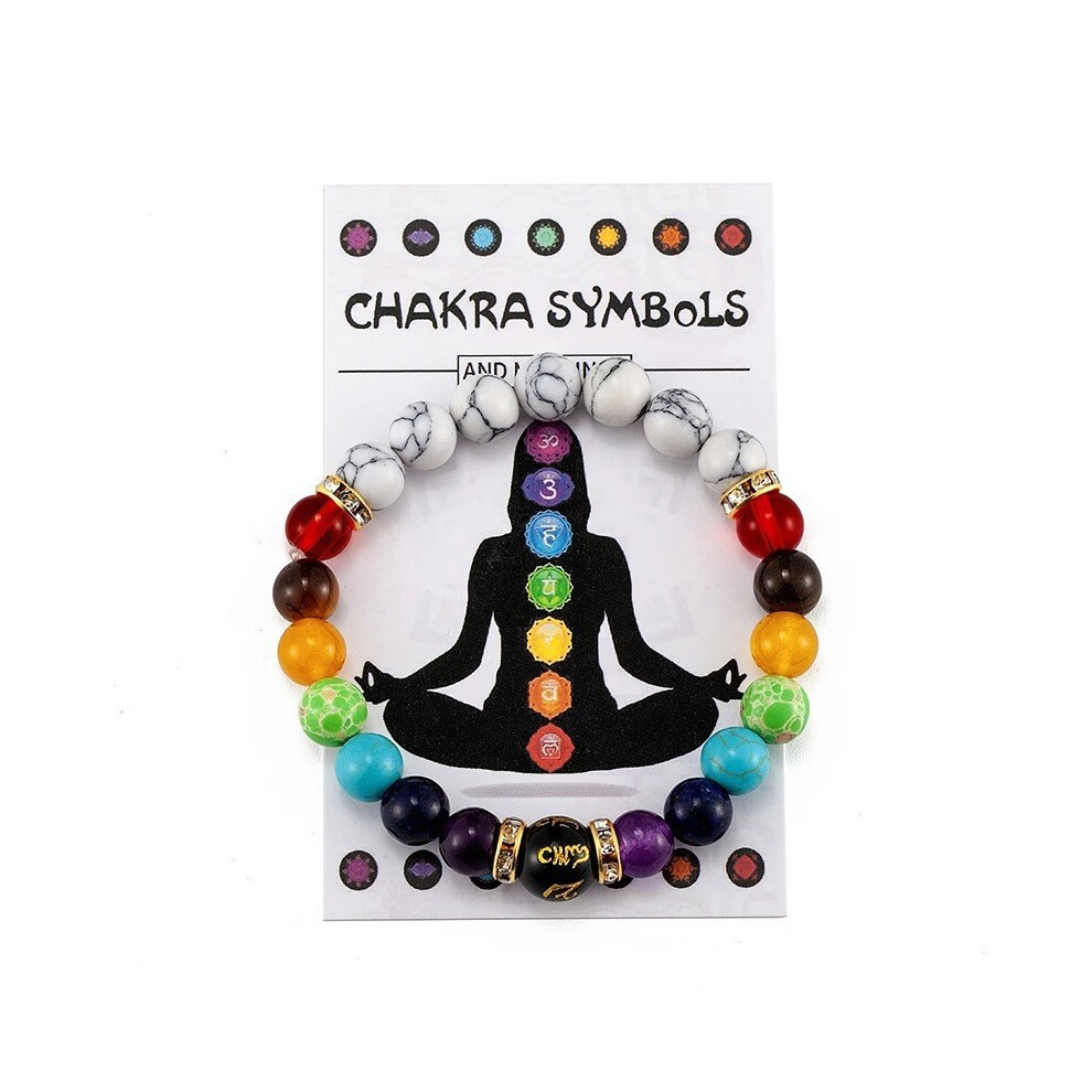 White/Turquoise ( + Double Seven Colors) 7 Chakra Natural Stone Healing Bracelet For Men & Women - Anxiety Relief & Meditation Bangle