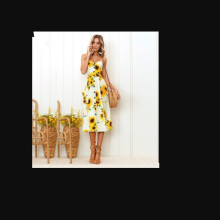 (Off-white, S) Women's Sexy Casual Spaghetti Strap Floral Button Swing Midi Dress with Pockets