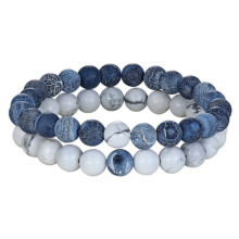 (Weathered / imported white) Natural Tiger Stone Charm Beaded Bracelets for Couples - Set of 2