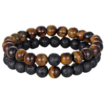(Tiger Eye/Volcanic) Natural Tiger Stone Charm Beaded Bracelets for Couples - Set of 2