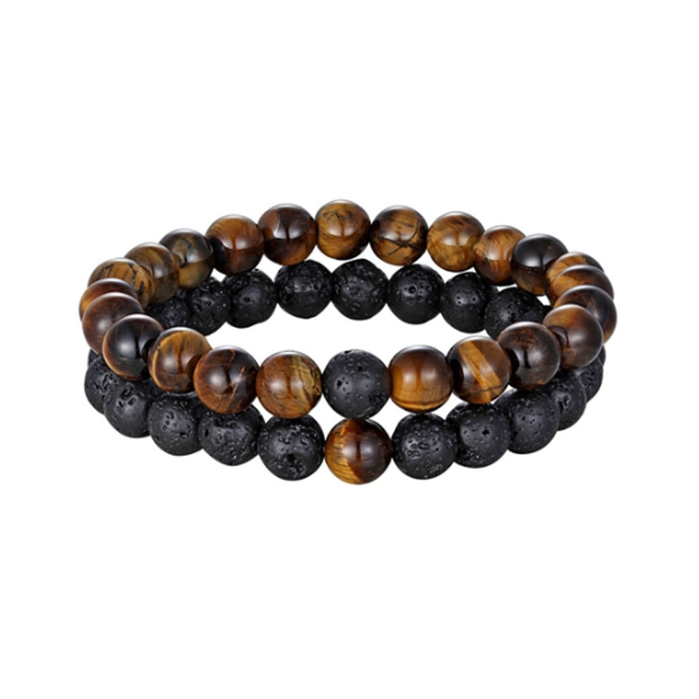 (Tiger Eye/Volcanic) Bead Natural Tiger Stone Bracelet - Charm Beaded Couple Distance Bracelets 2Pcs 110691738936