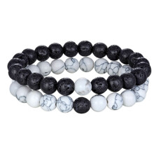 (Volcanic stone/white) Natural Tiger Stone Charm Beaded Bracelets for Couples - Set of 2