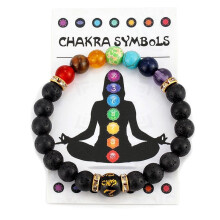 (Volcanic stone + seven colors) 7 Chakra Natural Stone Healing Bracelet for Men & Women - Anxiety Relief & Meditation Bangle