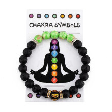 (Turquoise + Volcanic Stone) 7 Chakra Bracelets for Men Women Natural Stone Healing Anxiety Meditation Bangle