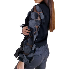 (Black, L) Women's Casual Solid Color High Neck Mesh Long Puff Sleeves Slim Fit Tops