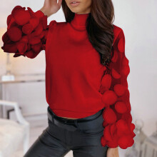 (Scarlet, M) Women's Casual Solid Color High Neck Mesh Long Puff Sleeves Slim Fit Tops