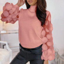 (Pink, S) Women's Casual Solid Color High Neck Mesh Long Puff Sleeves Slim Fit Tops