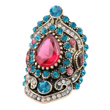 (Inner diameter 2cm) Gold Plated Pink Crystal and Blue Diamond Ring Vintage Women's Ring Jewelry