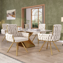 Beige 4-Piece Velvet Swivel Armchairs, luxury style with metal legs for living room and bedroom.