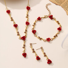 (Earrings) Vintage French Style Red Rose Flower Shaped Bracelet & Earrings Set