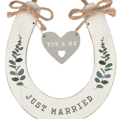 Just Married' Wedding Horseshoe White with Hanging Heart 1