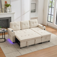 Beige L-Shaped Sectional Sofa Bed, 3-Seater with Storage, LED Lights, USB & Cup Holders for Home