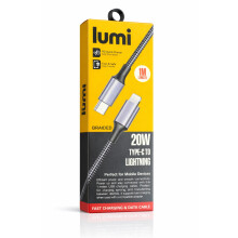 Lumi USB-C to Lightning Cable 1m Black/Grey - 20W Fast Charging & Data Transfer, Braided Type C Charger Cable for iPhone & Devices