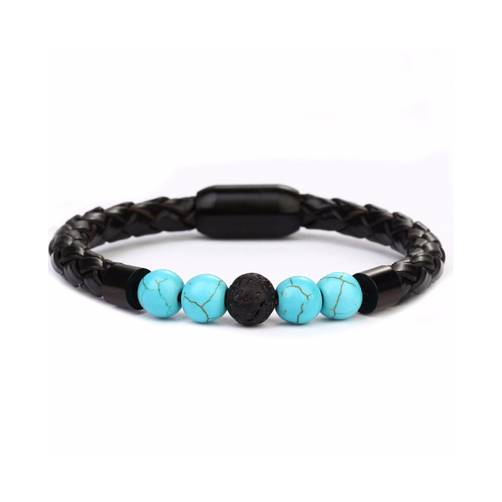 Blue/Turquoise/Red ( +Volcanic Stone) 8Mm Tiger's Eye Natural Stone Beaded Black Braided Pu Leather Bracelet