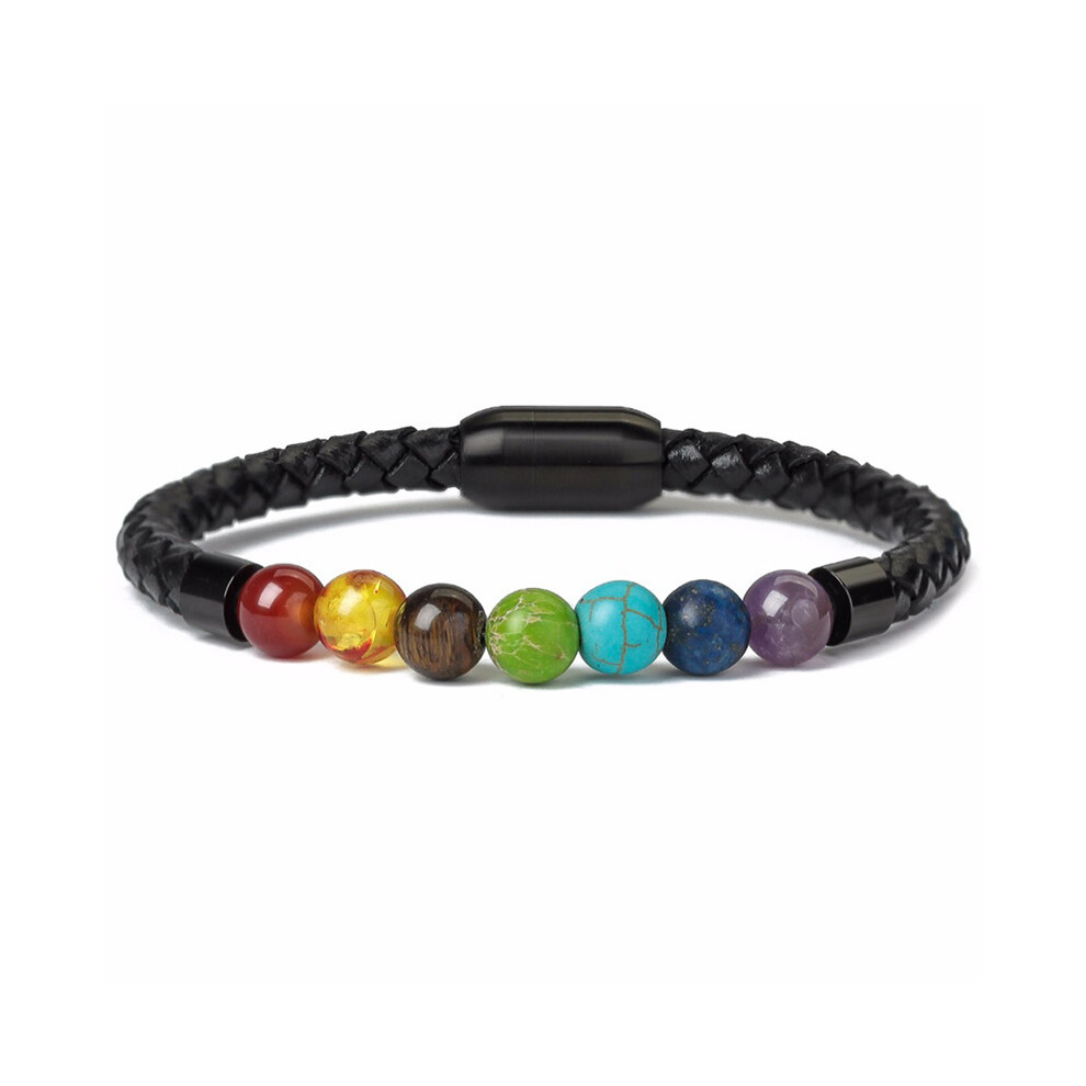 Red/Black (Colorful Stone) 8Mm Tiger's Eye Natural Stone Beaded Braided Pu Leather Bracelet