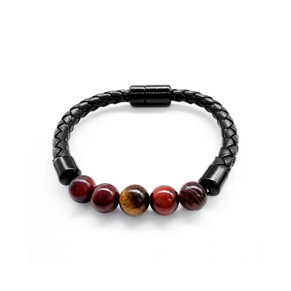 Red/Yellow ( Tiger Stone + Tiger Stone) 8Mm Tiger's Eye Natural Stone Beaded Black Braided Pu Leather Bracelet