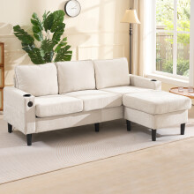 L-Shaped 3-Seater Sectional Sofa with USB & Cup Holder for Apartment, Beige