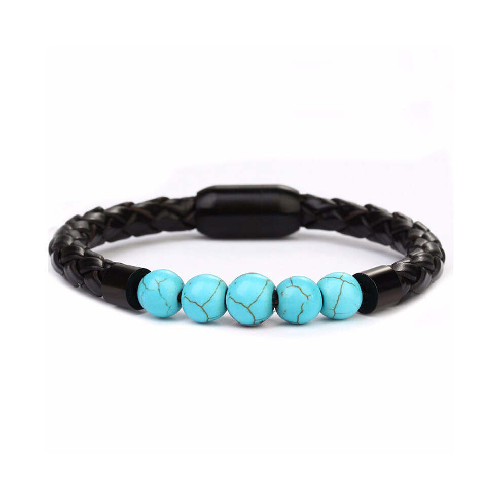 Blue/Turquoise/Red ( ) 8Mm Tiger's Eye Natural Stone Beaded Black Braided Pu Leather Bracelet