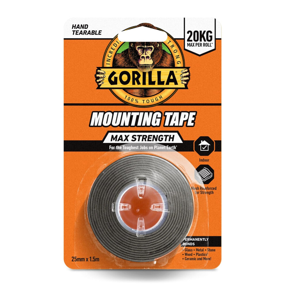 Gorilla Mounting Tape 20Kg Max Strength (25Mm X 1.5M) - 6 Pack - Heavy Duty Double-Sided Adhesive Tape 5704947015213