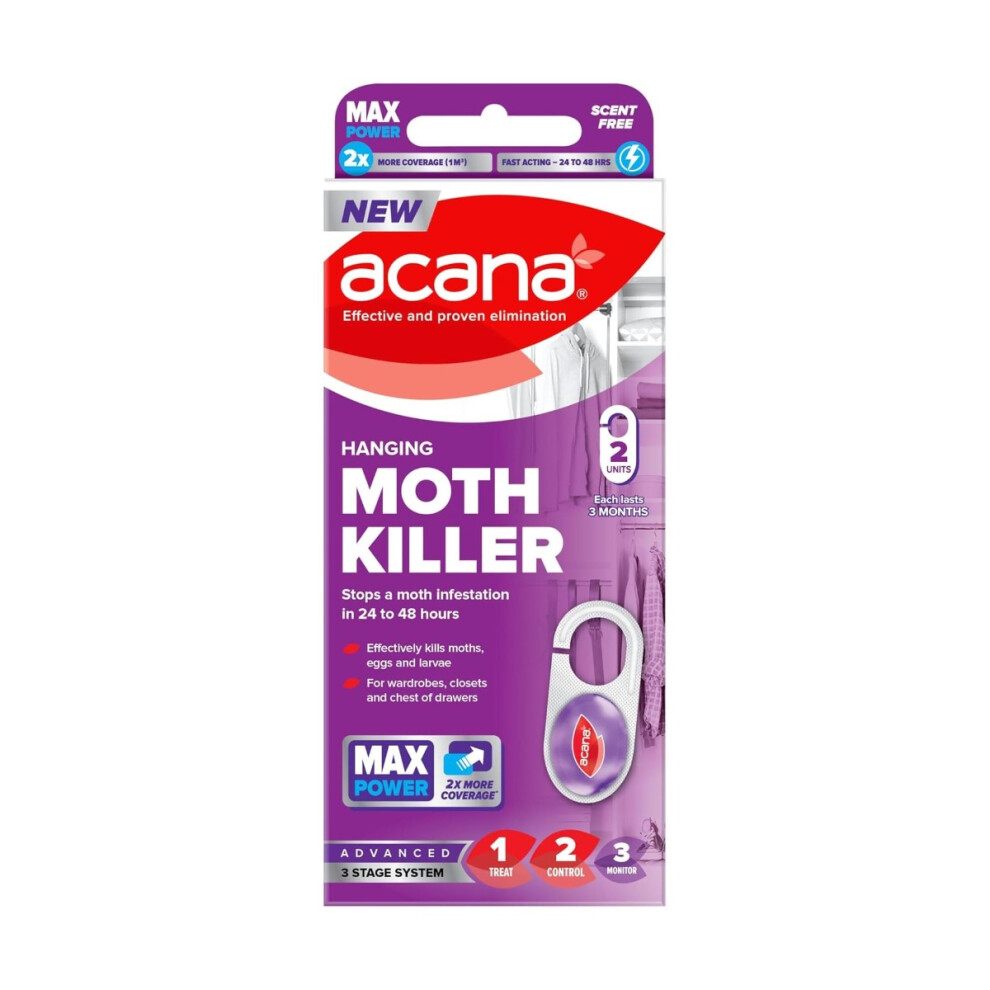 Acana Hanging Moth Killer 2 Pack - Fragrance Free Wardrobe Moth Killer, Kills Moths, Eggs & Larvae